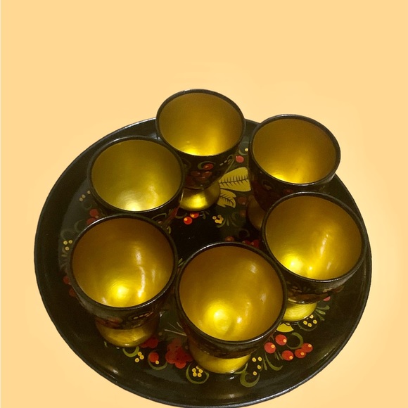 Vintage Russian Khokhloma Folk Art Wooden Hand Painted Serving Tray and Cups - Picture 2 of 13